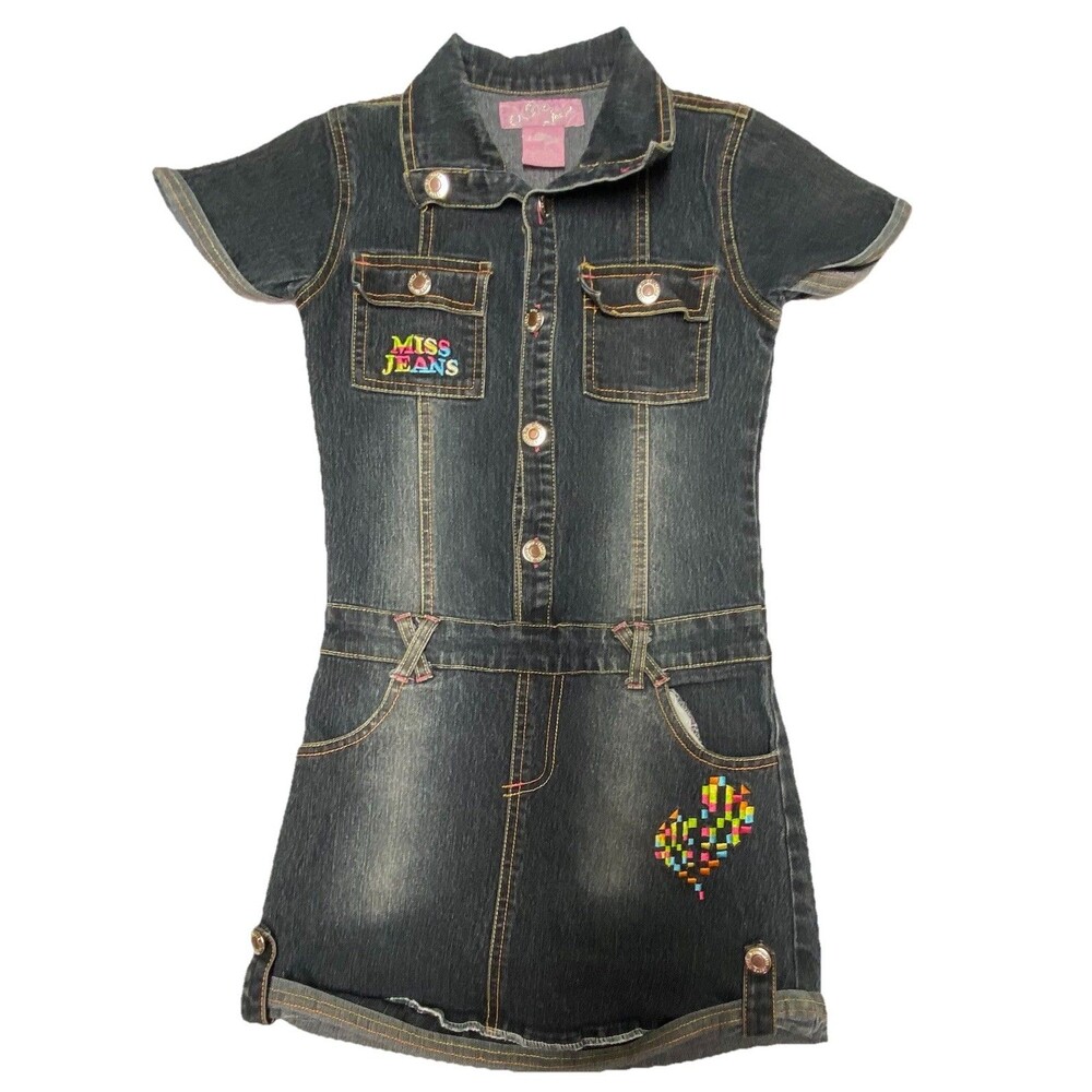 Miss Me Girls Denim Shirt Dress Size 6X Blue Jean Mini Dress Embroidered Y2K